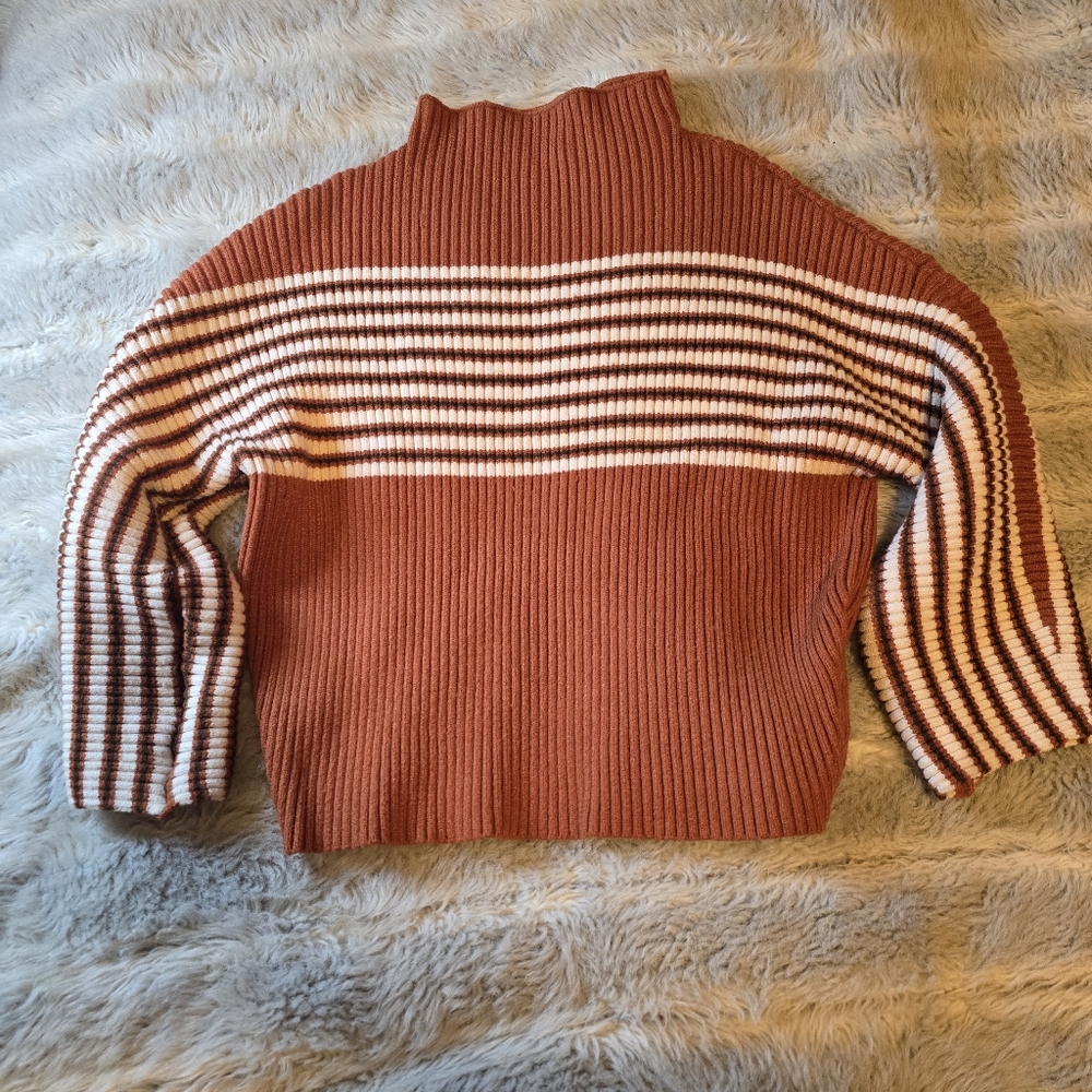 Elegant Rust and White Striped Turtleneck Crop Sweater